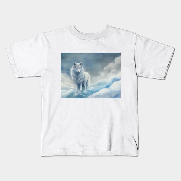 Funny White Wolf Hunting Fantasy clouds snowy ground gifts idea watercolor art hoodie Kids T-Shirt by sofiartmedia